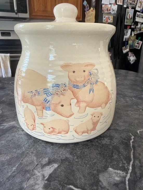 Vintage Ceramic Cookie Jar Blue Accented Piggy Piglet Design Farmhouse Decor Pig